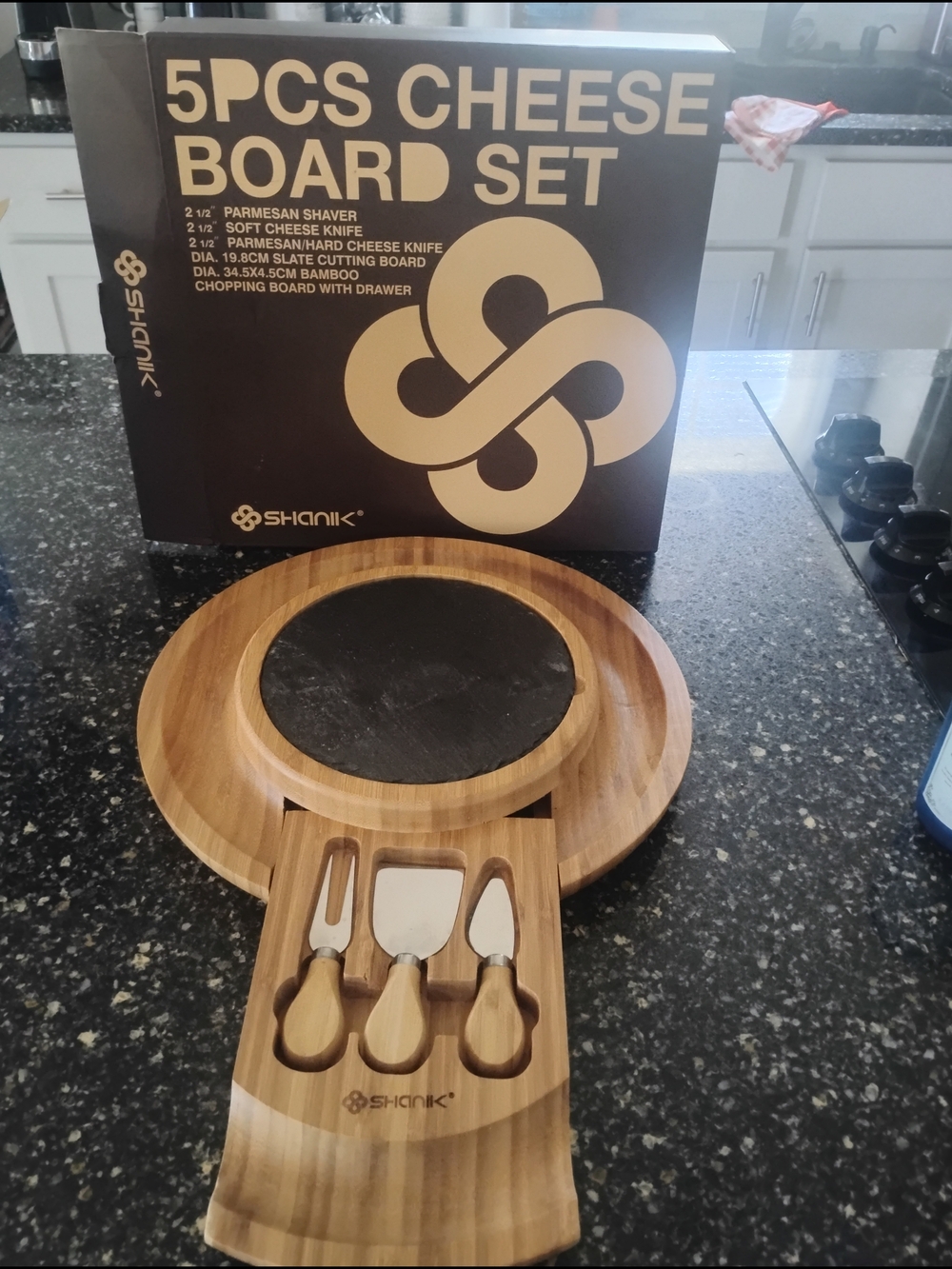 SHANIK 5pcs Bamboo Cheese Board Set with Slate Center and Knives - Natural Brown